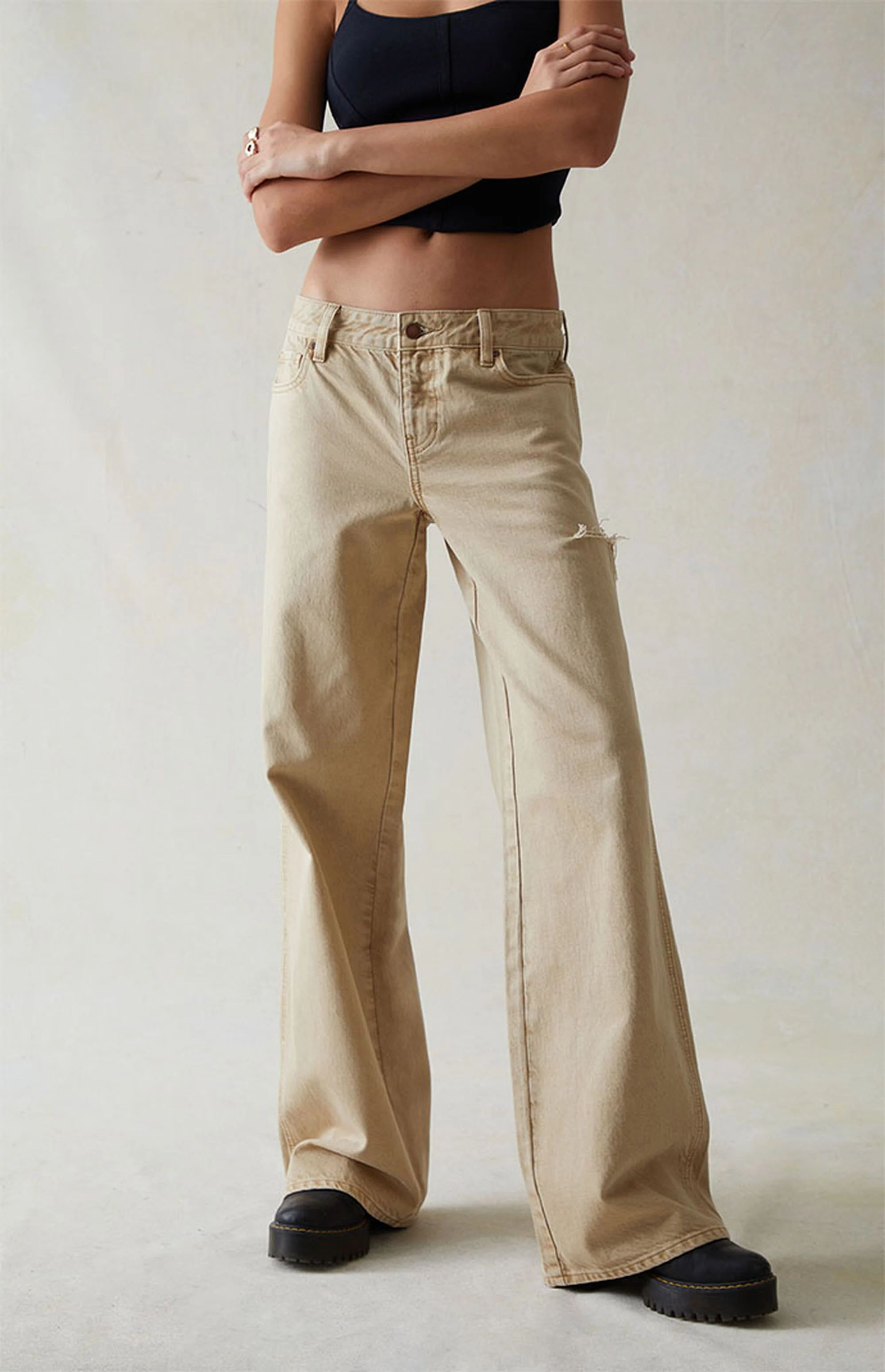 Kendall & Kylie Eco Beige Ripped Low Rise Baggy Jeans | PacSun