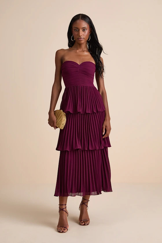 Seriously Sensational Plum Strapless Tiered Midi Dress | Lulus