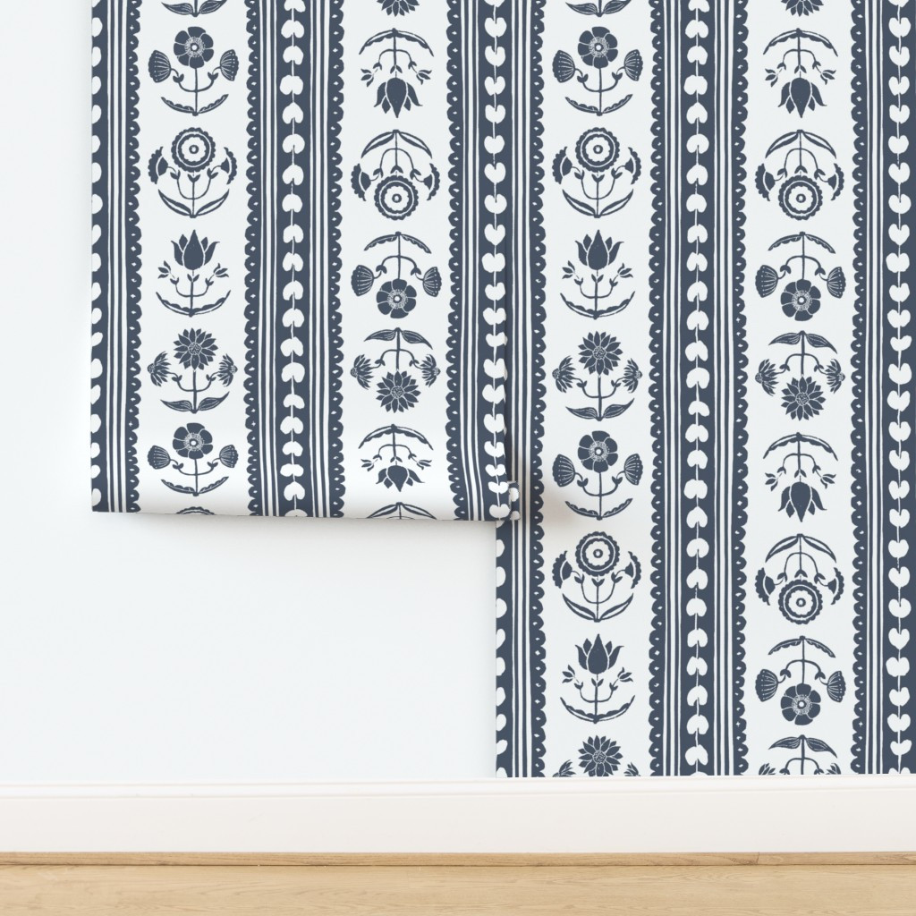 Wallpaper in Navy Floral Scalloped Heart Ribbon Block Print | Spoonflower