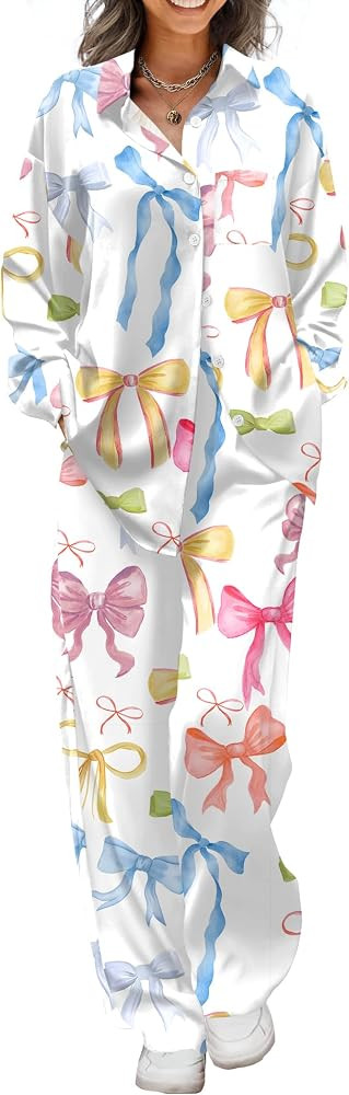 Ekouaer Womens Satin Silky Pajama Set 2 Piece Print PJs Soft Loungewear Button Down Sleepwear wit... | Amazon (US)