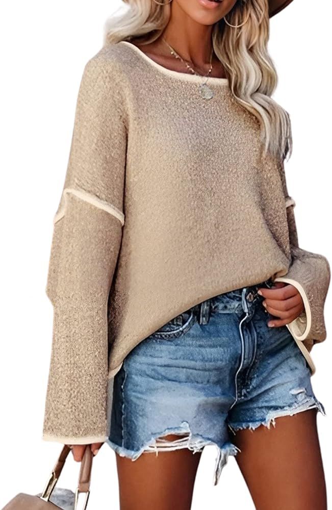 CUPSHE Women Marled Knit Contrast-Trim Sweater Sweet Chic Long Sleeve Dropped Shoulders Pullover | Amazon (US)