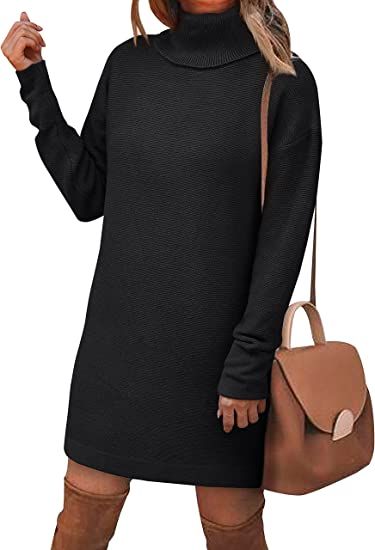BTFBM Women's Turtleneck Long Sleeve Sweater Dress Side Slit Hem Fall Winter Oversized Casual Kni... | Amazon (US)