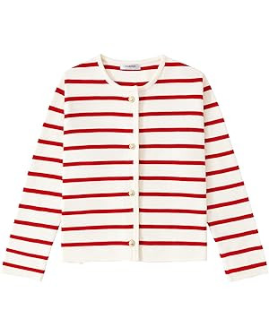 LATAHUO Women's Striped Cardigan Sweater Trendy Long Sleeve Button Down Crewneck Knit Cardigans | Amazon (US)