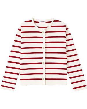 LATAHUO Women's Striped Cardigan Sweater Trendy Long Sleeve Button Down Crewneck Knit Cardigans | Amazon (US)