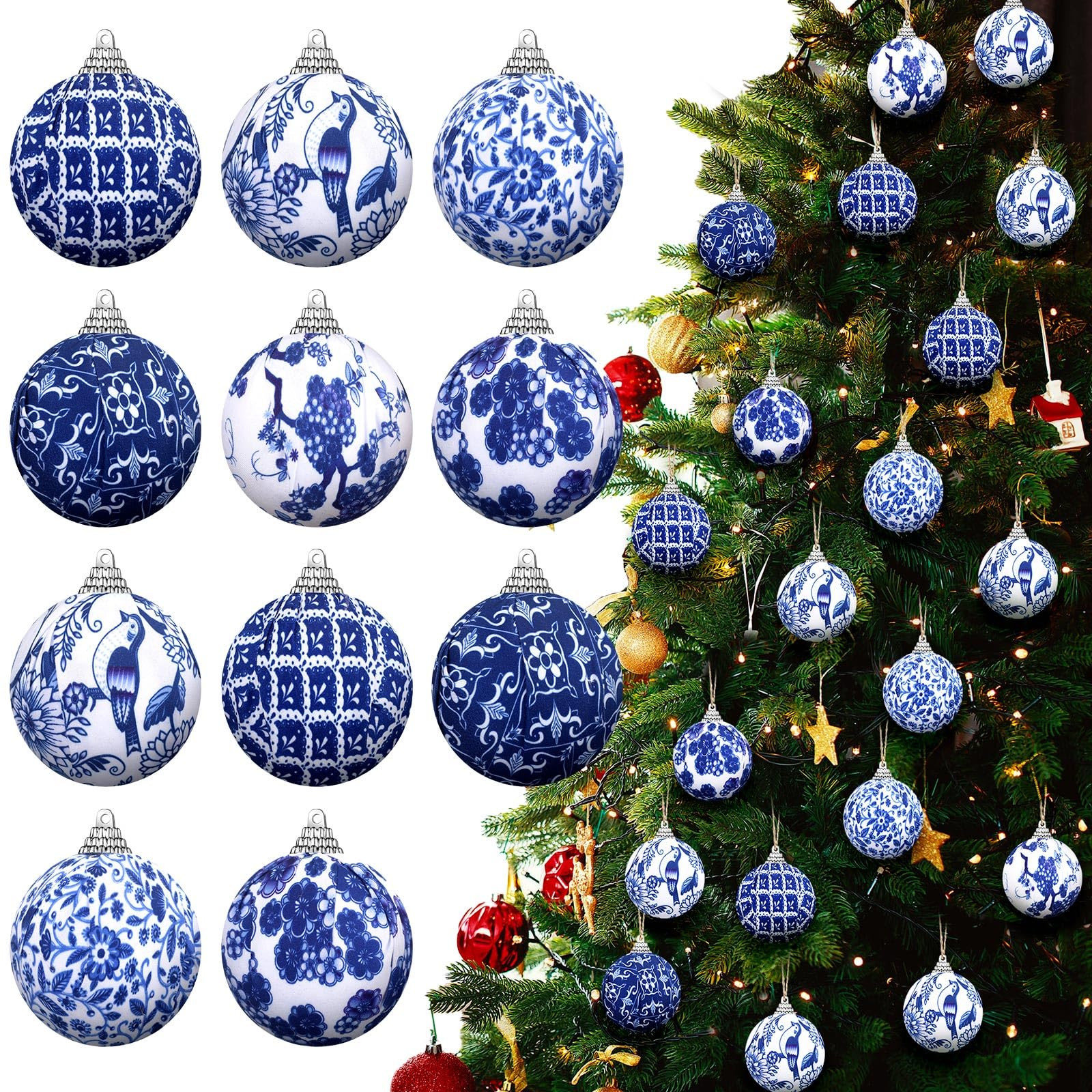Preboun 12 Pcs Christmas Chinoiserie Ball Ornaments Blue and White Chinoiserie Tree Decoration Ch... | Amazon (US)