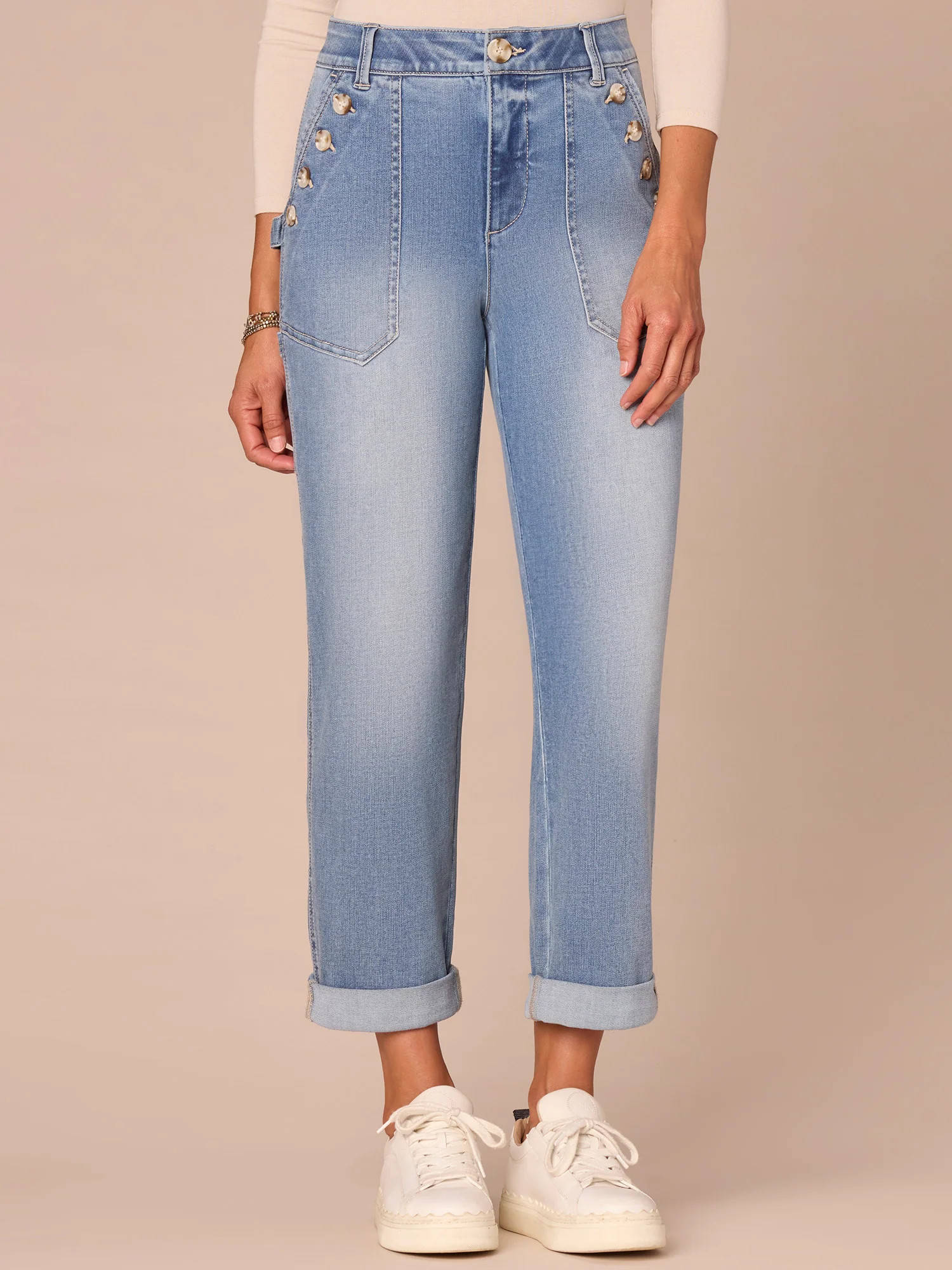 "Ab"solution High Rise Sailor Button Roll Cuff Straight Leg Jeans | Democracy Clothing
