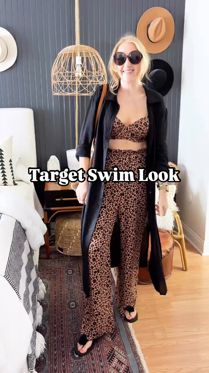 target leopard swim look, love the high-rise bottoms and the cute supportive top! the pants could totally be worn with a graphic tee and sneakers and the linen button-down is such a great length.  Tote is packable!

Wearing 36C in swim top and L in swim bottoms, could've sized down to M. Wearing M in leopard pants and black top at 150 lbs and 5'7" for reference. 

target finds, target swimsuit, leopard swimsuit, mom swimsuit, swimsuits, affordable swimsuits, target haul, resort wear, resort look, vacation outfit, pool outfit, beach outfit  

 #LTKSeasonal #LTKFindsUnder100 #LTKStyleTip
