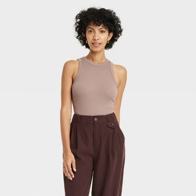 Women's Slim Fit Ribbed Tank Top - A New Day™ Brown M: Cotton Modal Blend, Crew Neck, Sleeveless | Target