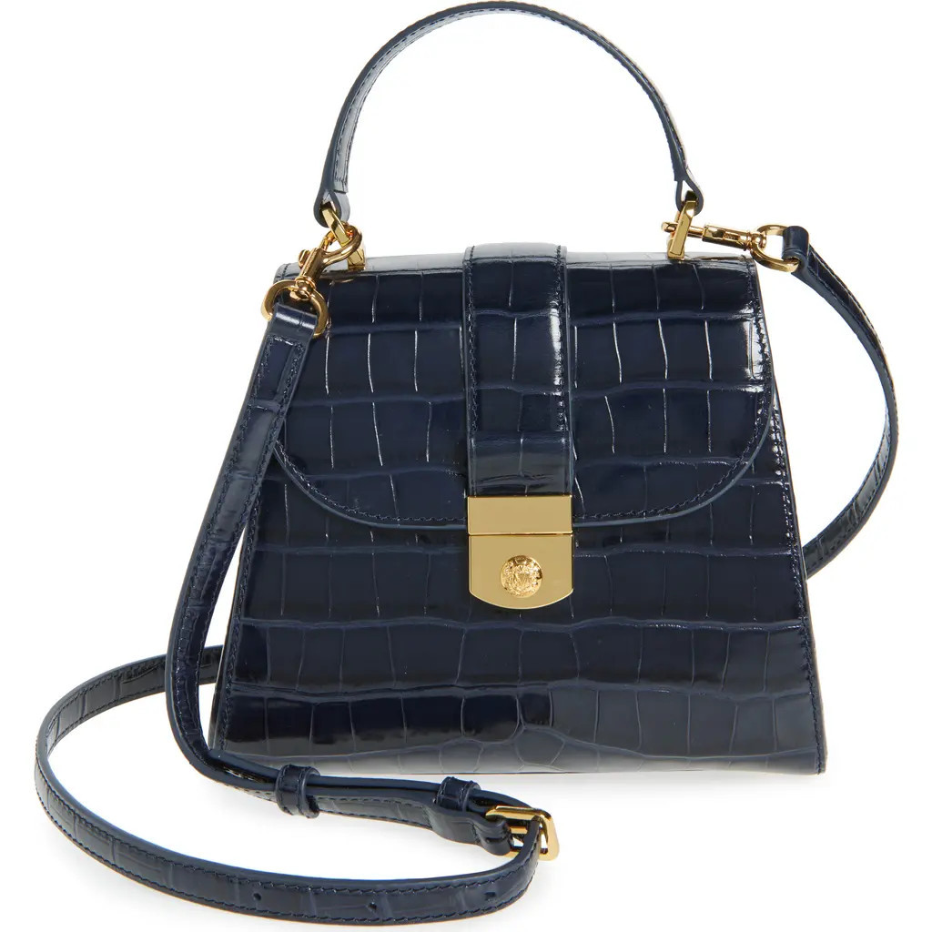Veronica Beard Crest Lock Croc Embossed Leather Top Handle Bag in Navy at Nordstrom | Nordstrom