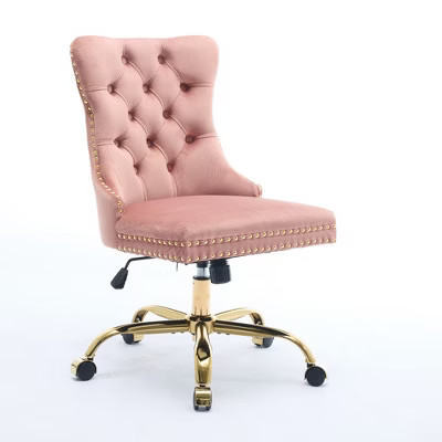Gulches Modern Velvet Tufted Office Chair - Adjustable Swivel Desk Chair with Golden Electroplated Base, Hand-Pulled Buttons & Nailhead Trim, Pink | Target