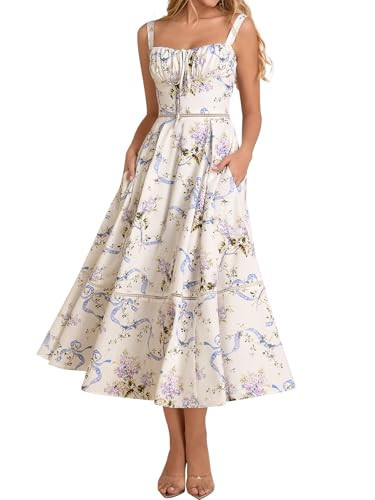 KUTUMAI Floral Corset Midi Dress Lace Up Cutout Flowy Summer Wedding Guest Dresses for Women Sund... | Amazon (US)