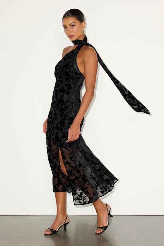 Alis Black Velvet Burnout One-Shoulder Sash Maxi Dress | Lulus