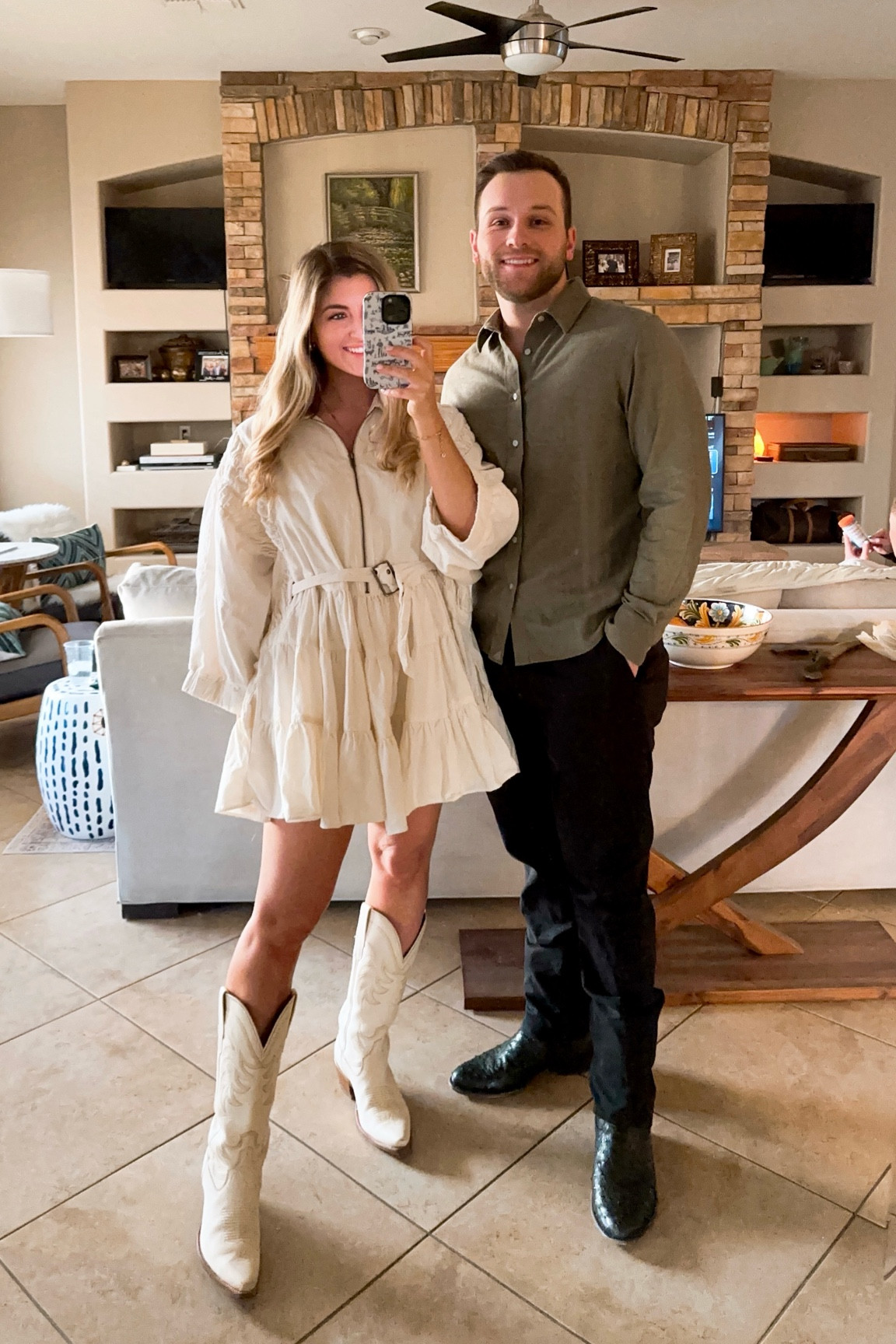 Date Night Outfit - white short dress paired with cowboy boots for a southern date night out.  

#LTKMidsize #LTKMostLoved #LTKSpring