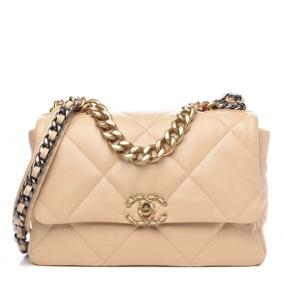 CHANEL Shiny Goatskin Quilted Large Chanel 19 Flap Beige | FASHIONPHILE | FASHIONPHILE (US)