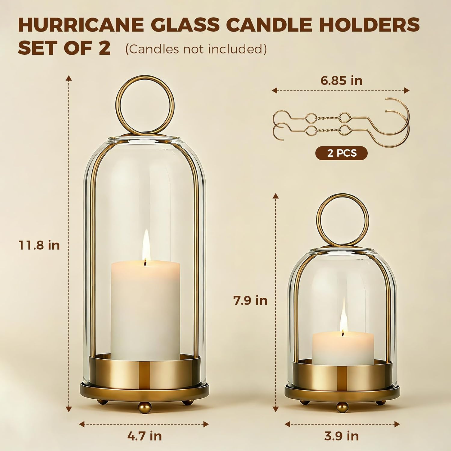 5"&4" Hurricane Glass Candle Holders, Hanging Brass Metal Candle Holder for Pillar Candles Table ... | Amazon (US)