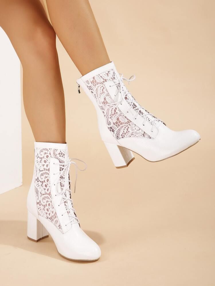 Lace Panel Zip Back Lace-up Front Chunky Heeled Classic Boots | SHEIN