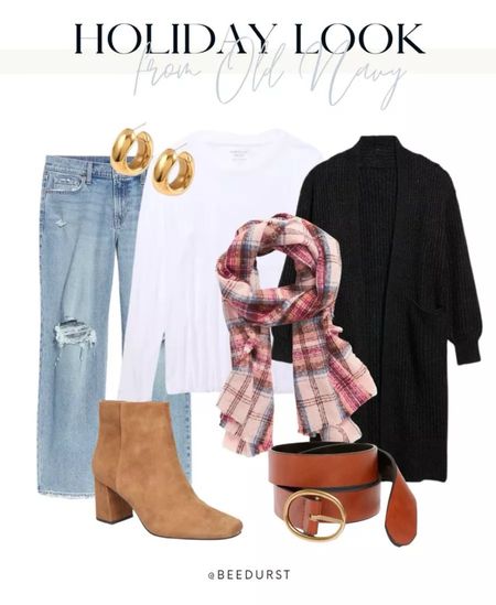 Holiday look from old navy, holiday outfit, boots, Christmas outfit, plaid scarf, tuckable long sleeve, black cardigan

#LTKstyletip #LTKfindsunder50 #LTKshoecrush