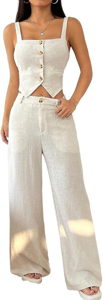 pants suits, 2pcs Women Elegant Set: Square Neck Button & Loose Wide Leg Pants | Amazon (US)