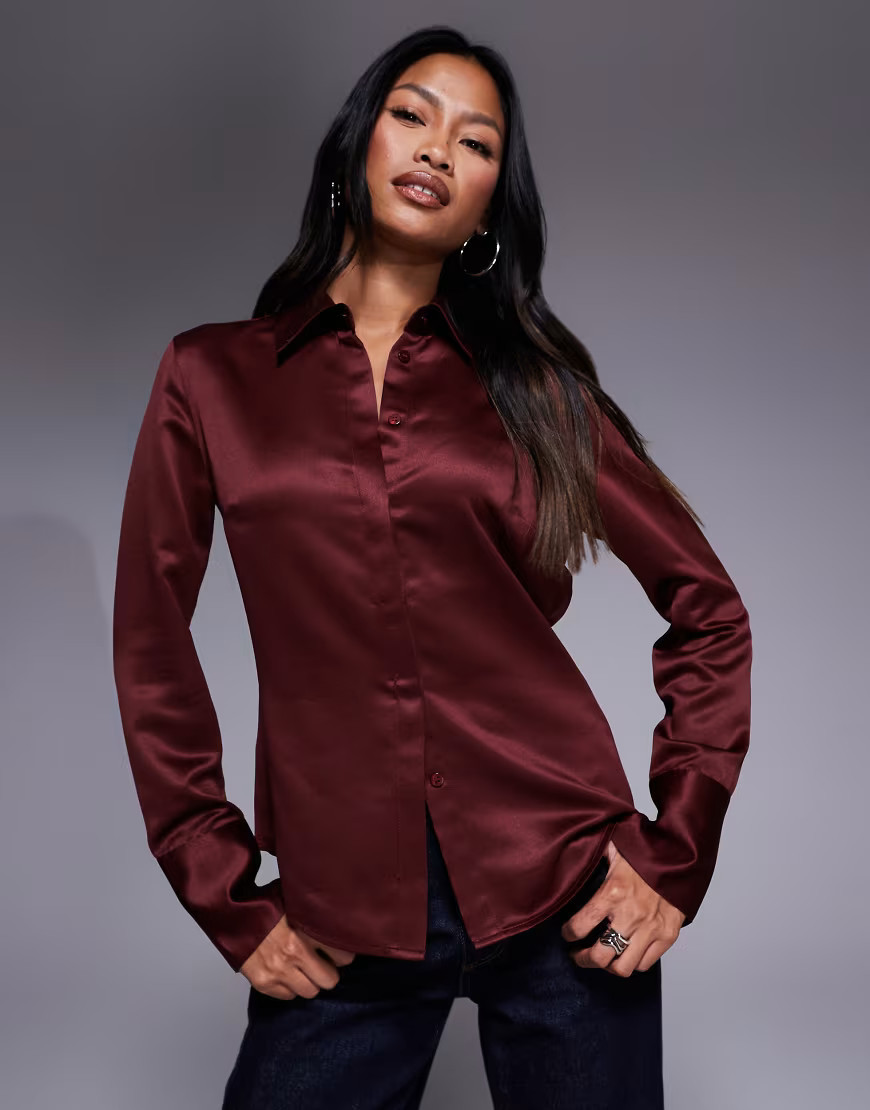 ASOS DESIGN slim fitted satin shirt in burgundy-Red | ASOS (Global)