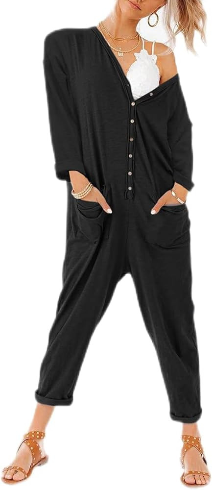 Aoysky Oversize Women's One Piece Button Up Jumpsuit Casual Loose Short Sleeve V Neck Onesies Rom... | Amazon (US)