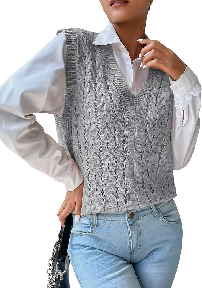 Womens V Neck Sweater Vest School Uniform Vest Striped Cable Knit Sleeveless Sweater Tops | Amazon (US)