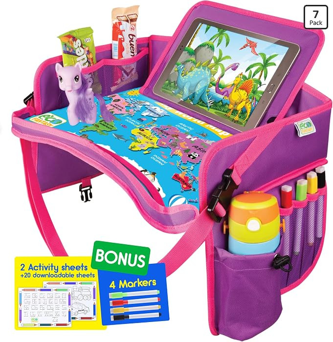 Kids Travel Tray - Waterproof Lap Table with No-Drop Large Tablet Holder - Car Seat Tray - Road T... | Amazon (US)