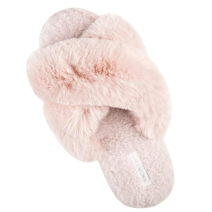 Women's Cross Band Soft Plush Fleece House/Outdoor Slippers | Amazon (US)