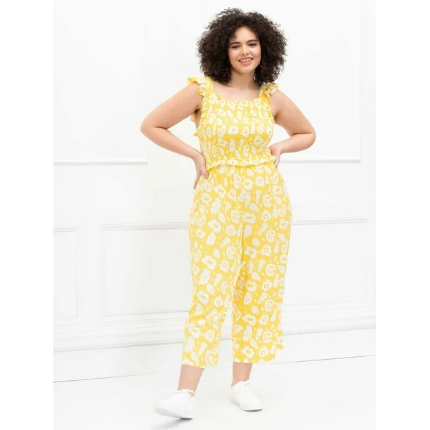 ELOQUII Elements Women's Plus Size Stencil Print Smocked Cropped Jumpsuit | Walmart (US)