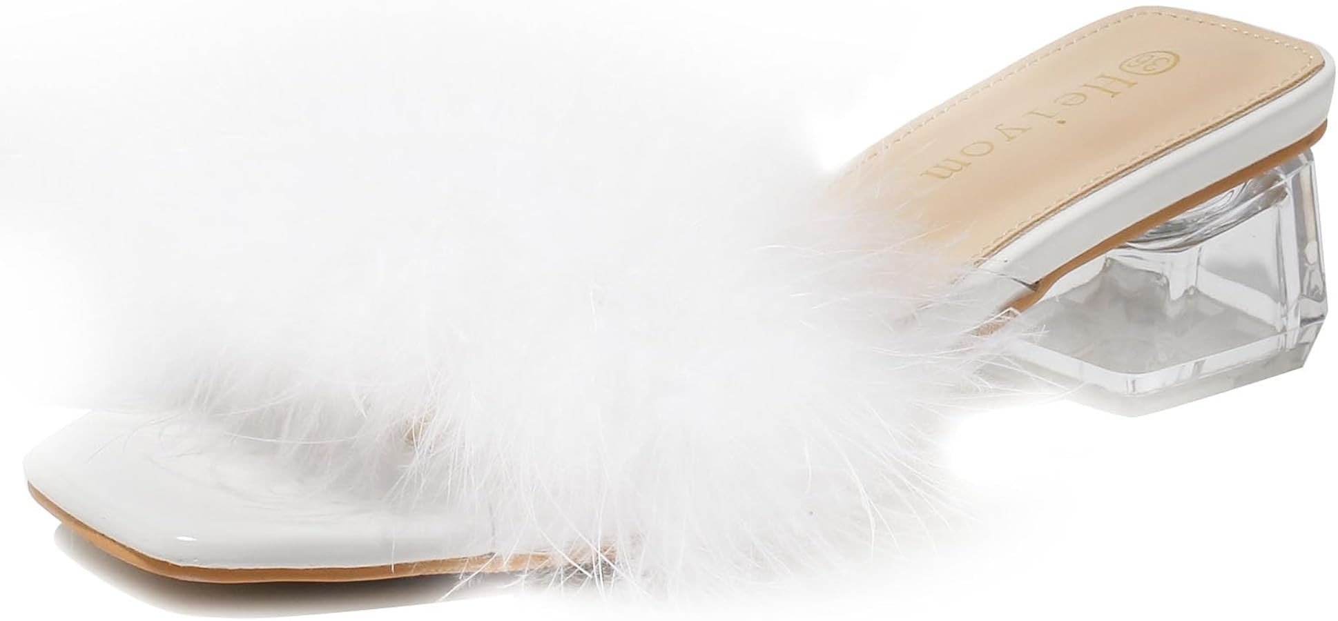Women's Square Toe Heeled Sandals Low Block Chunky Heels Clear Mules Fluffy Feather Slip on Weddi... | Amazon (US)