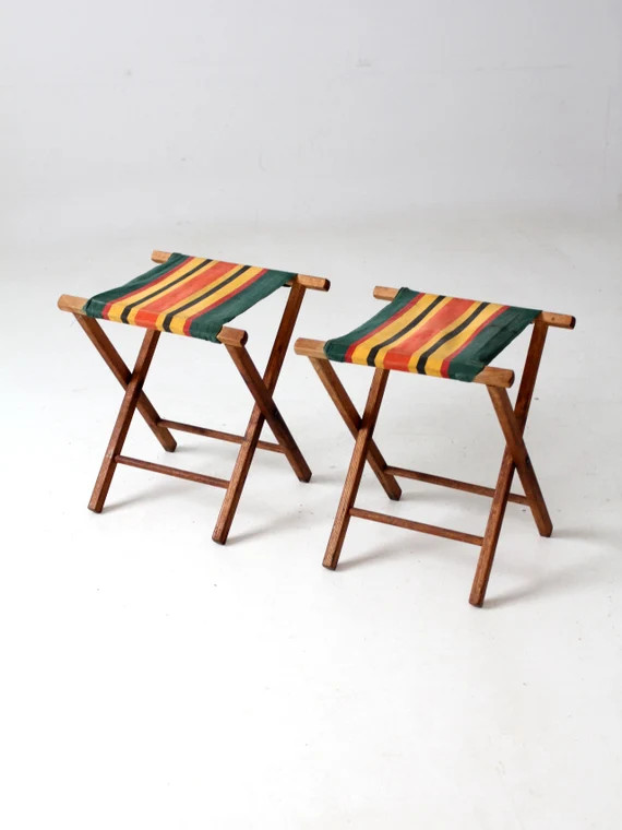 Vintage Camp Stool Pair Striped Canvas Folding Seat - Etsy | Etsy (US)