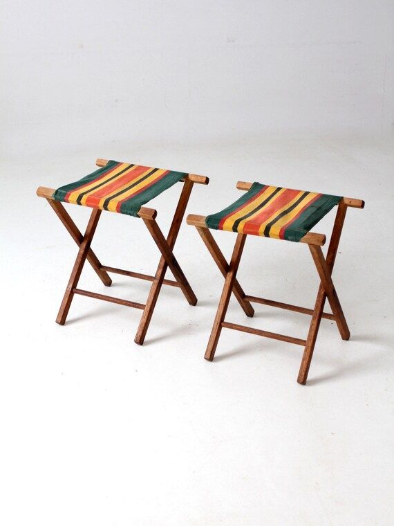 Vintage Camp Stool Pair Striped Canvas Folding Seat - Etsy | Etsy (US)
