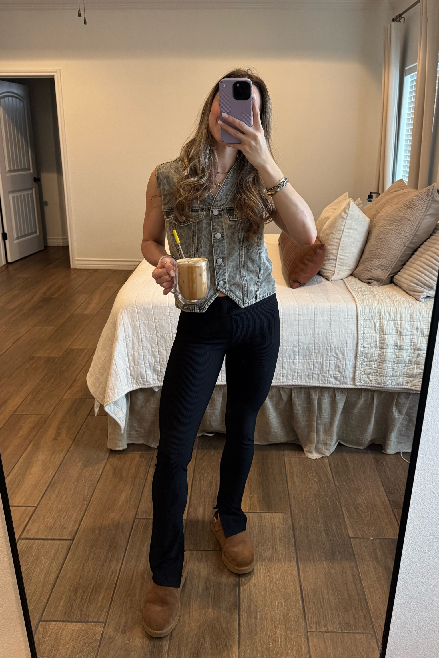 Target leopard button down vest with old navy flare ribbed leggings and Ugg slippers! Size small in top and bottom

#LTKStyleTip #LTKFindsUnder50 #LTKActive