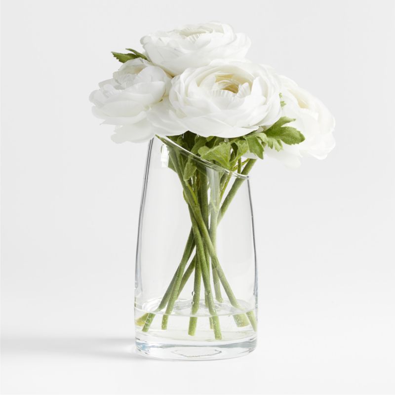 White Ranunculus Faux Floral Arrangement in Slant 7.5" Glass Vase | Crate & Barrel | Crate & Barrel