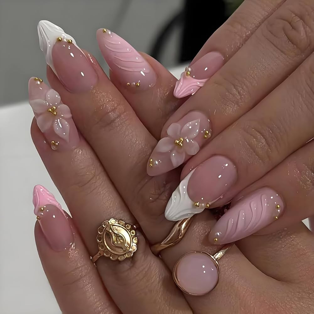 3D Pink Press on Nails Almond - Medium French Tip Fake Nails with Embossed Flower&Gold Bead Desig... | Amazon (US)