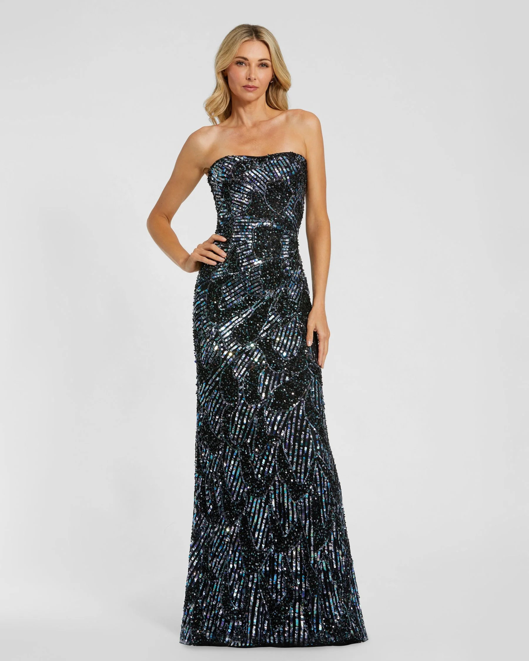 Mac Duggal - Black Multi Sequin Strapless Column Gown - Black Multi / US 10 | Mac Duggal