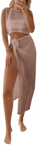 Fisoew Womens Crochet Swim Cover Ups 2 Piece Sleeveless Crop Tops Beach Wrap Skirt Hollow Out Boh... | Amazon (US)