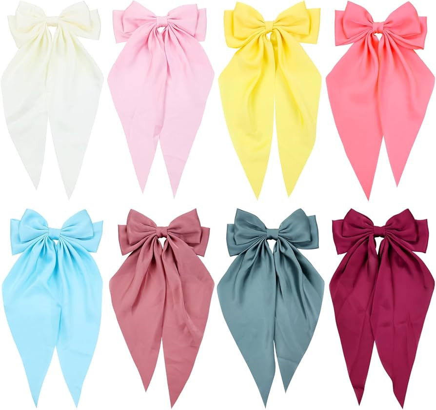 Cinaci 8 Pieces Silky Satin Big Hair Bows for Women Girls Teens, Fancy Long Tail Bow Hair Clips F... | Amazon (UK)