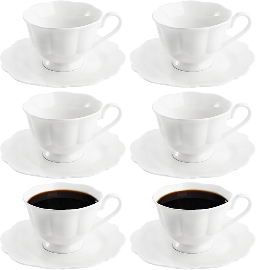 Jucoan Set of 6 Porcelain Tea Cups and Saucers, Bone China Tea Cup Set, 6 oz White Tea Cup Set, C... | Amazon (US)