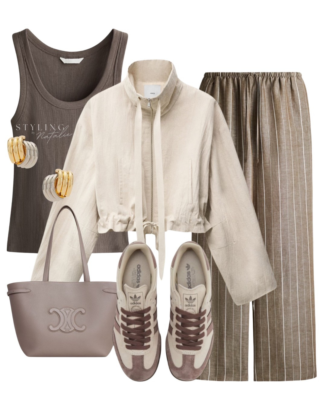 Spring/Summer outfit- pull on linen trousers, brown ribbed vest, cropped linen jacket, Adidas samba trainers & Celine tote bag. Beige outfit, casual outfit, neutral.

#LTKspring #LTKshoes #LTKeurope