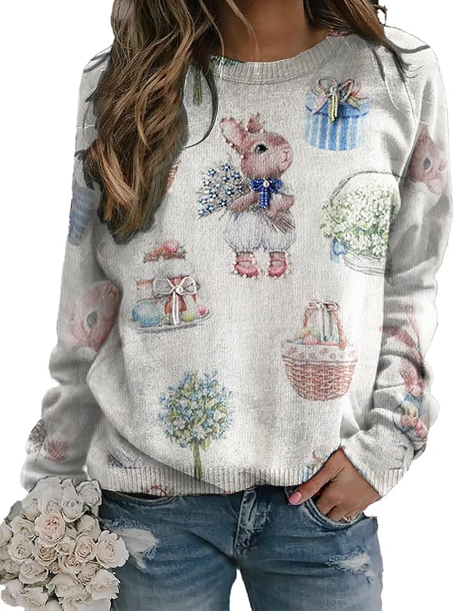 Women's Easter Bunny Sweater with Pearl Rhinestones 2025 Rabbit Basket Print Lightweight Pullover... | Amazon (US)