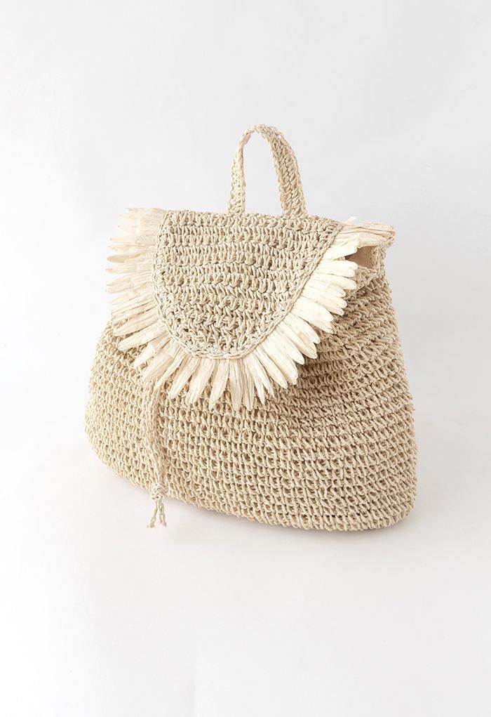 Fringed Trim Woven Straw Backpack in Cream | Chicwish