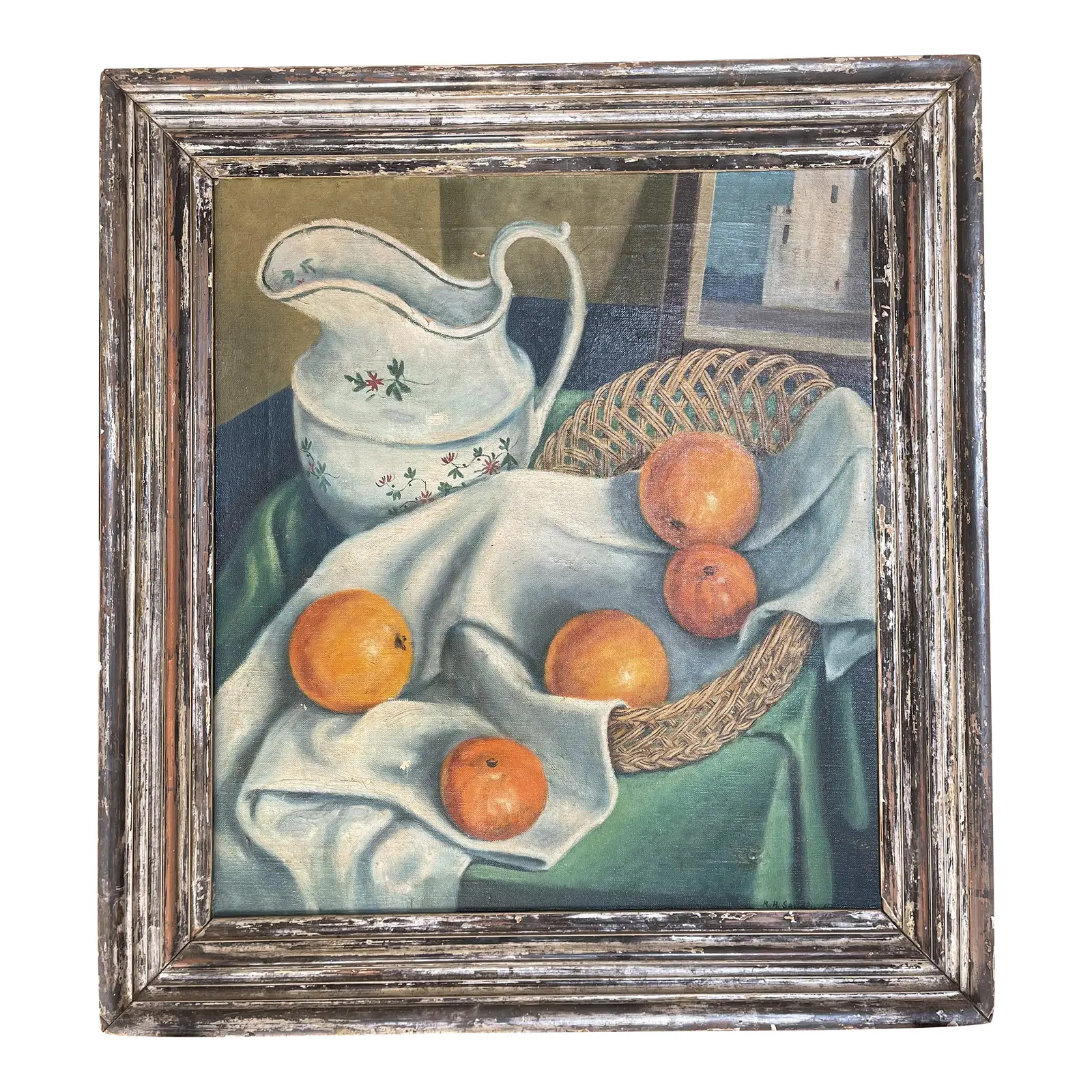 Still Life Painting Signed Rh Sandler, Silver Leaf Frame | Chairish
