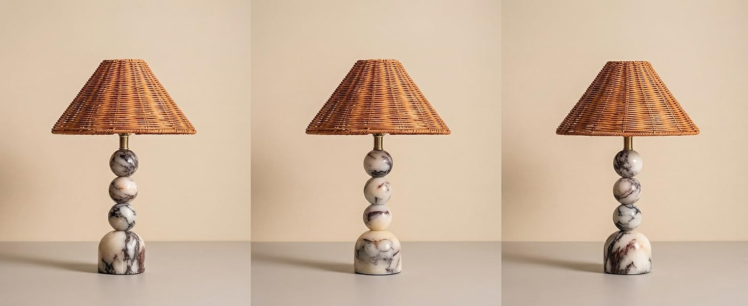 Calacatta Marble Stacked Ball Table Lamp - Hand-Woven Rattan Shade, 15" Stone Margot Artistic Vin... | Amazon (US)
