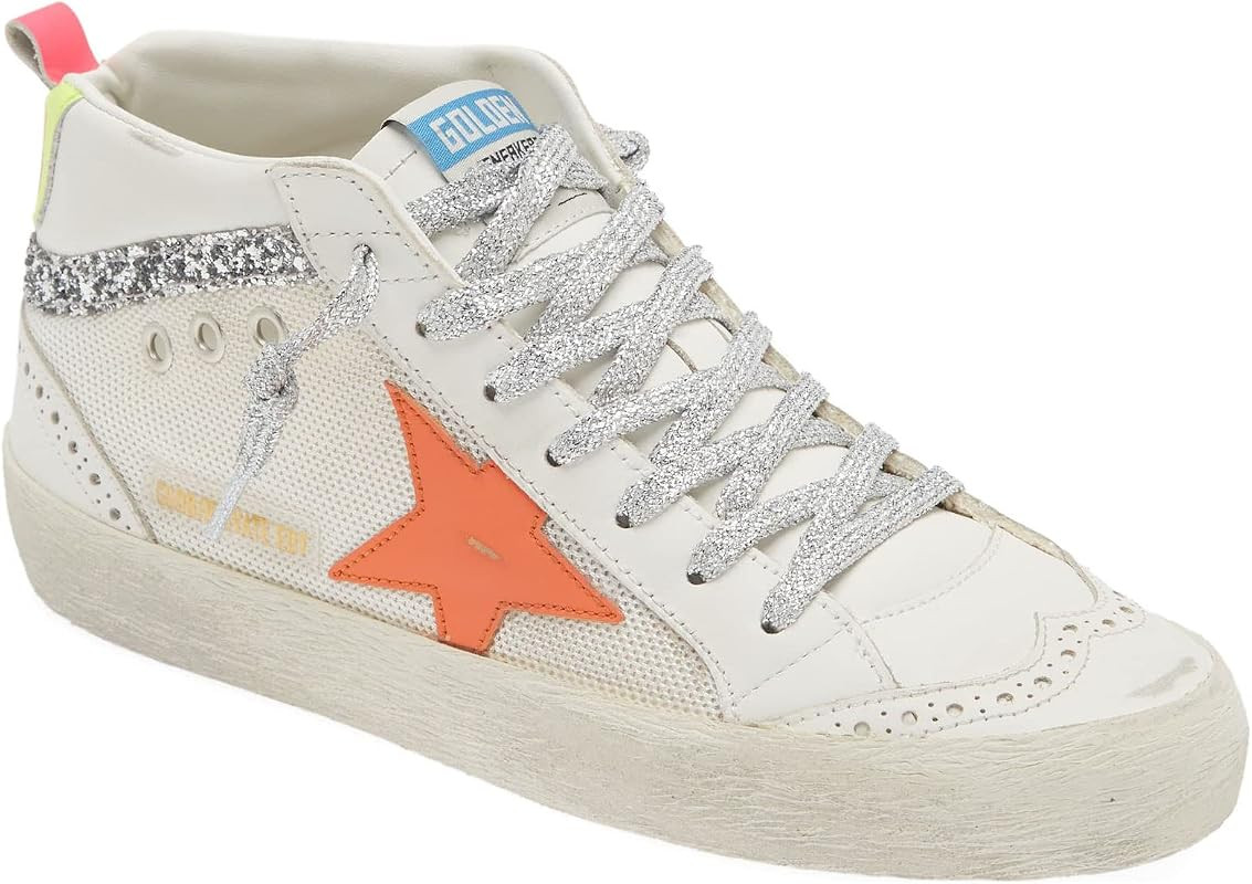 Golden Goose Women's White Leather Mid Star High Top Sneakers White Orange Silver | Amazon (US)