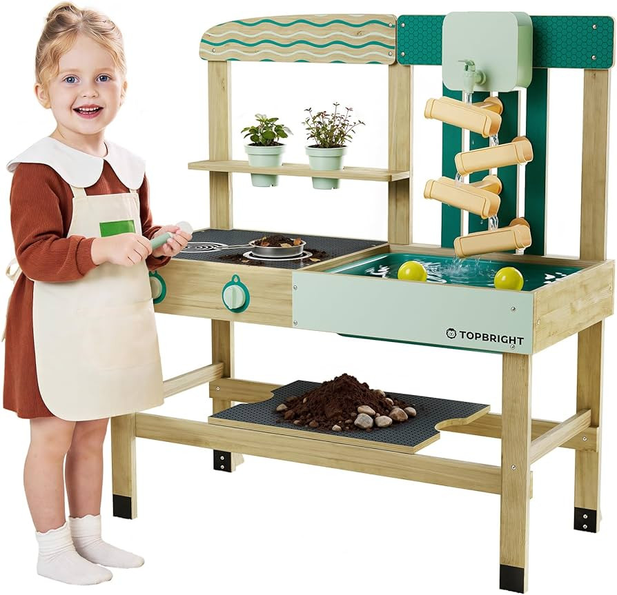 TOP BRIGHT 4 In 1 Mud Kitchen for Kids, Wooden Outdoor Playhouse for Water & Sand Play, Cooking &... | Amazon (US)