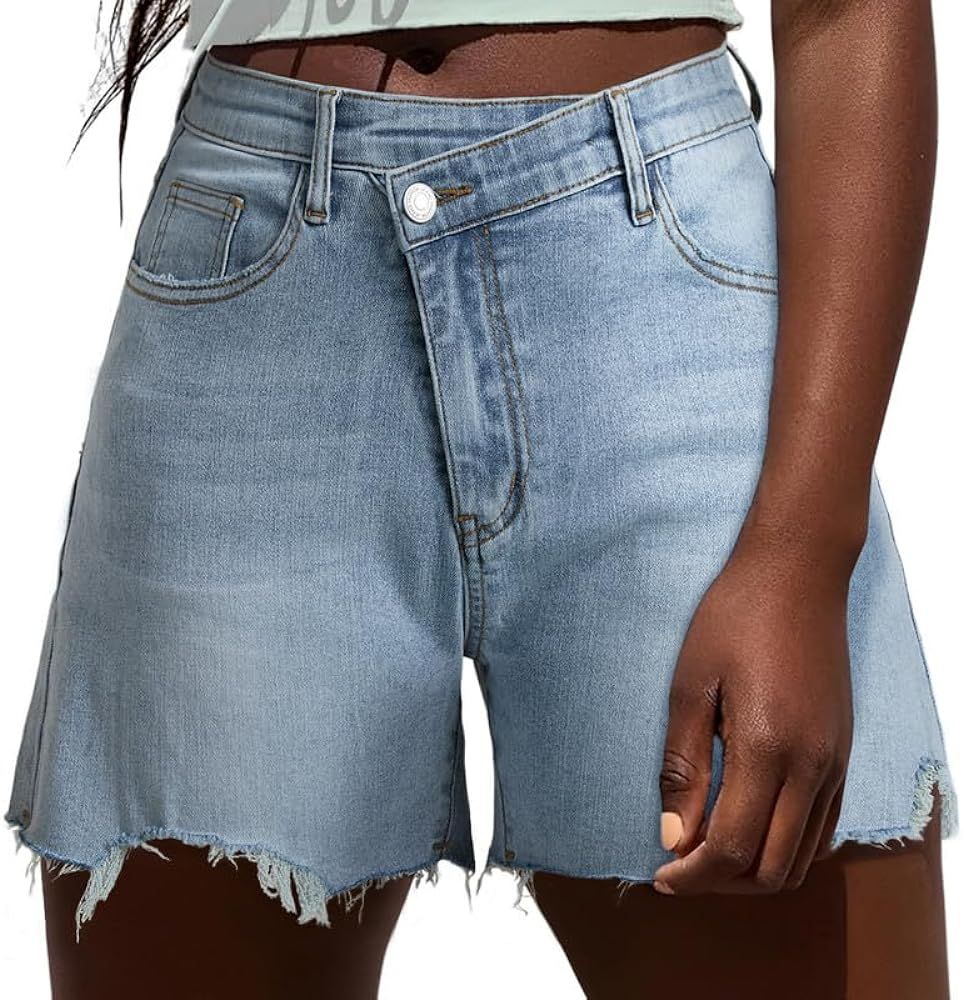 Women's Juniors Crisscross Jean Shorts - High Waisted Stretchy Denim Shorts Casual Summer Clothes... | Amazon (US)