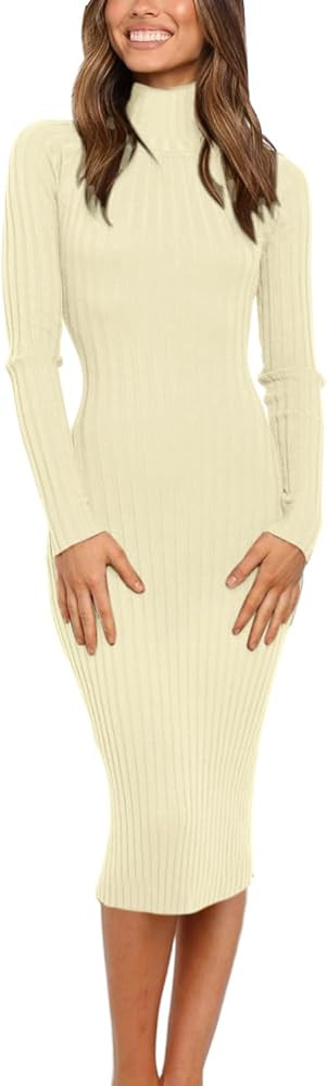 MEROKEETY Women's 2024 Ribbed Long Sleeve Sweater Dress High Neck Slim Fit Knitted Midi Dress | Amazon (US)