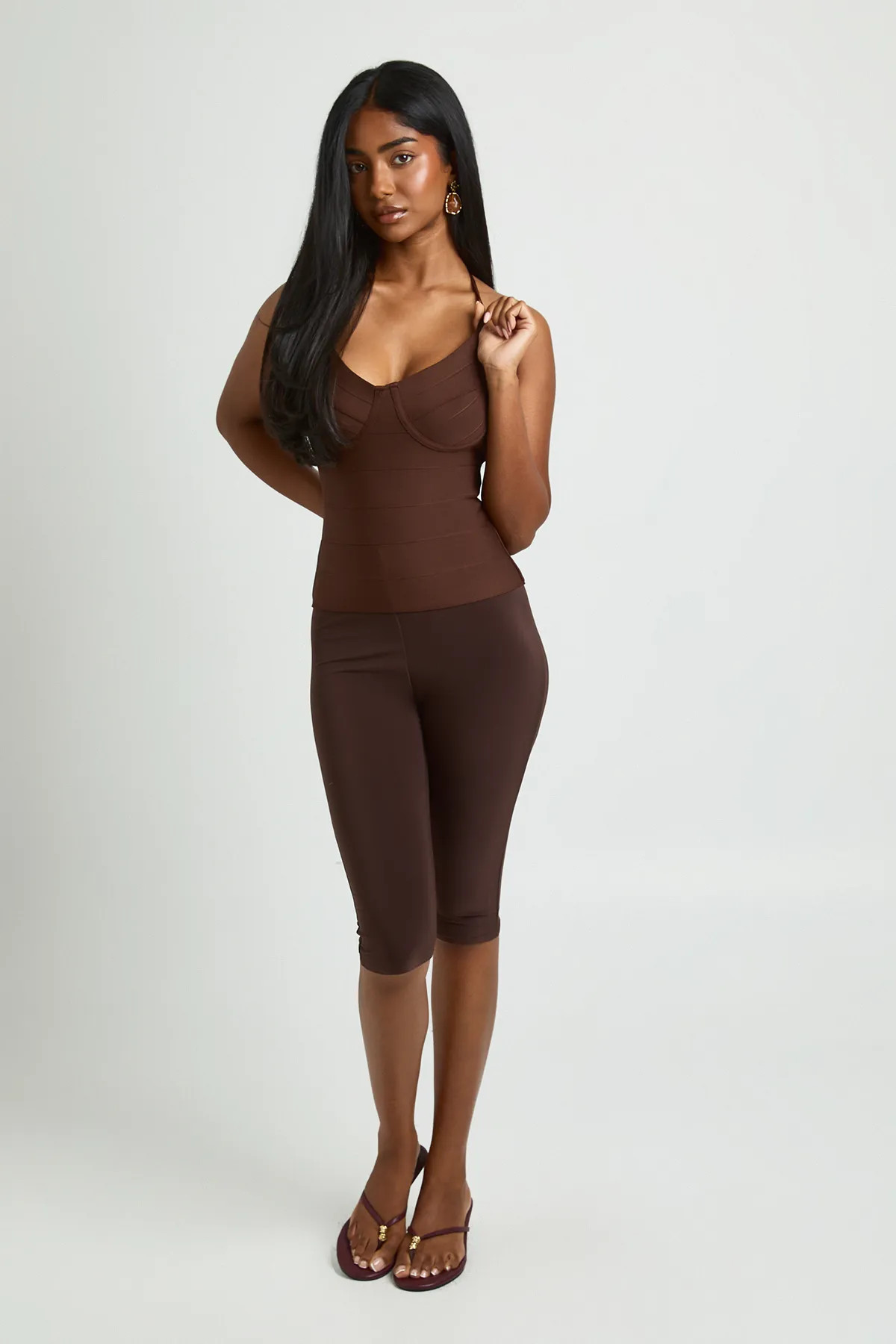 boohoo Women's Double Layer Capri Legging Pants in Chocolate | Size: 12 | Polyurethane | boohoo (US & Canada)
