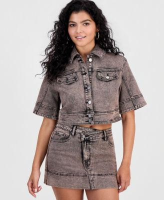 Bar Iii Women's Dirty Denim Elbow-Sleeve Shirt, Macy's Exclusive - Dirty Wash | Macy's