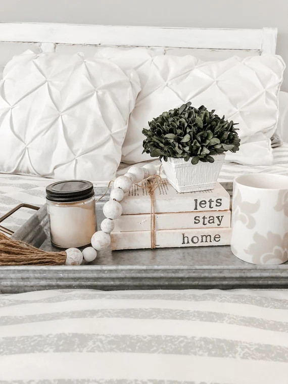 Lets stay home, book decor, farmhouse books, farmhouse decor, housewarming gift, tray decor, mant... | Etsy (US)